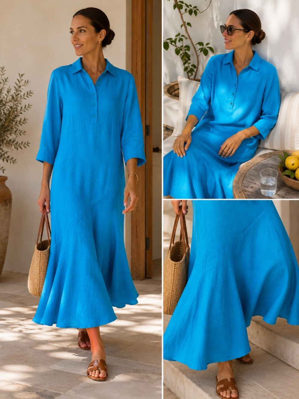 Alberta Ferretti 100% Linen Blue Flare Hem Midi Dress Made In Italy Size 8
